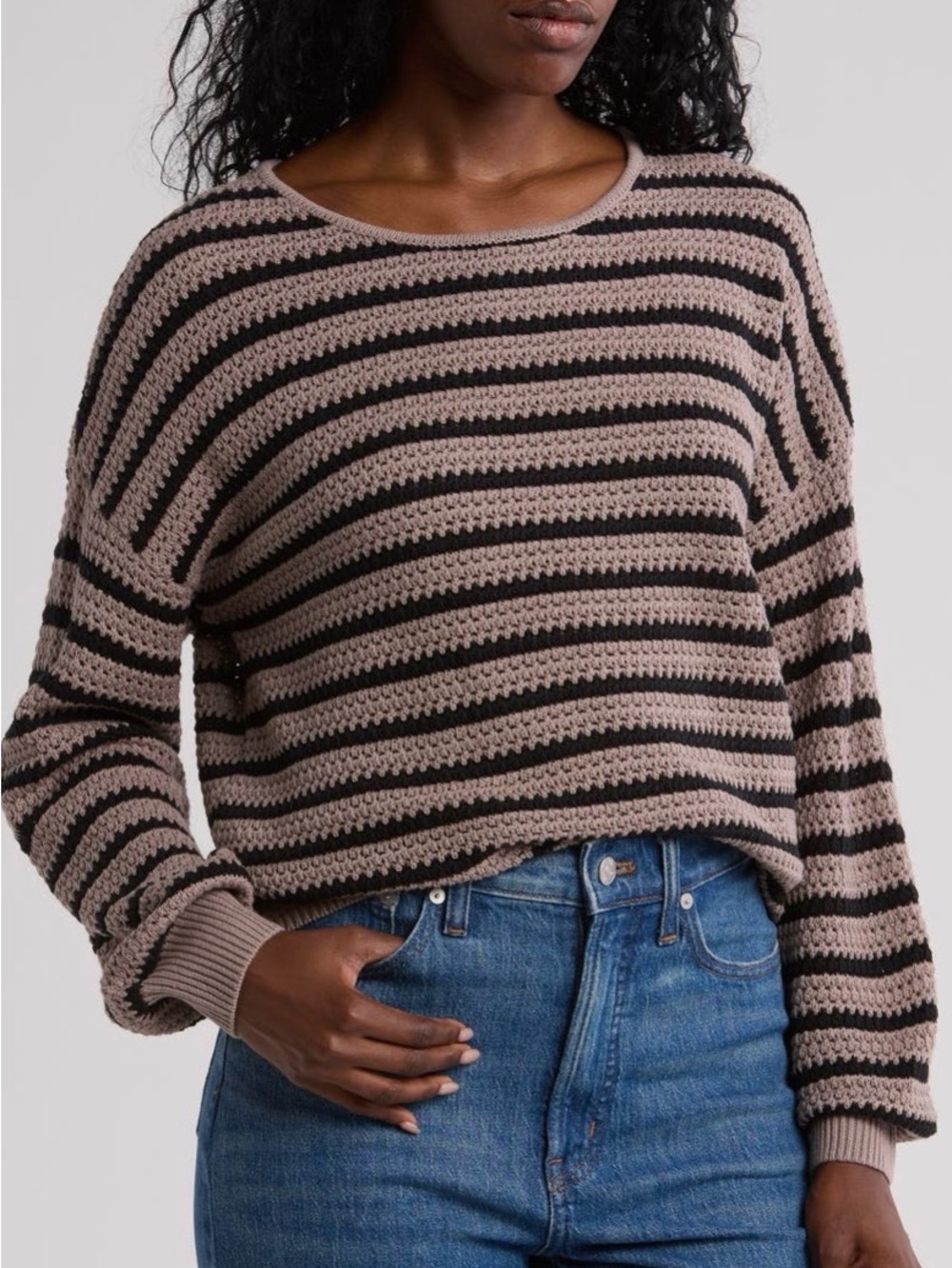 Blu Pepper cotton tan, and black striped sweater